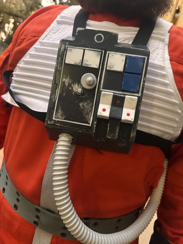 Pilot costume with a handmade chest control panel
