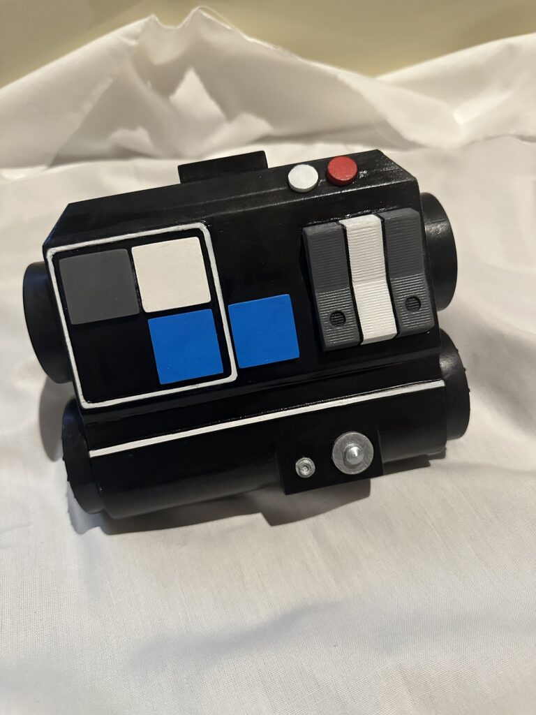 Black and blue handmade sci-fi control panel prop